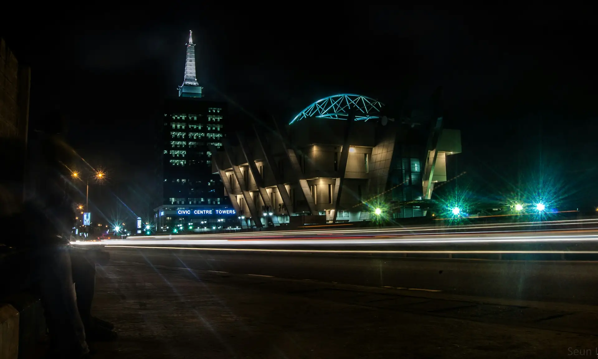 Civic Centre Towers lit up at night on Ozumba Mbadiwe Street, Victoria Island, Lagos